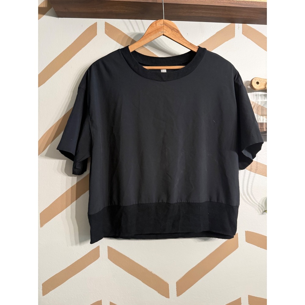 Athleta Coaster Luxe Hybrid Top Womens S Black Short Sleeve‎ Ribbed Sweatshirt